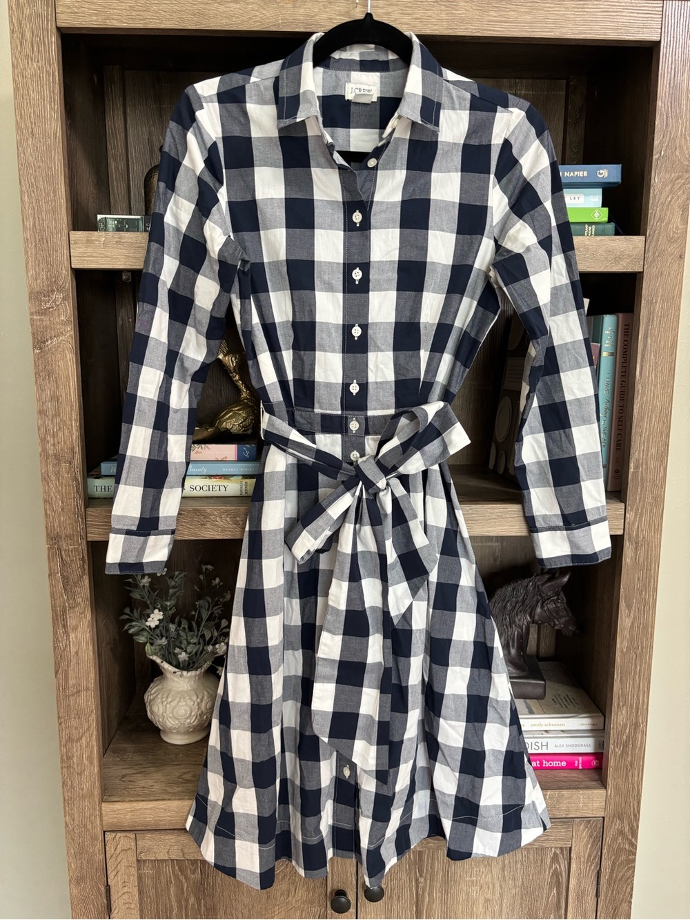 J. Crew Navy and White Gingham Tie-Waist Shirt Dress - Picture 1 of 7